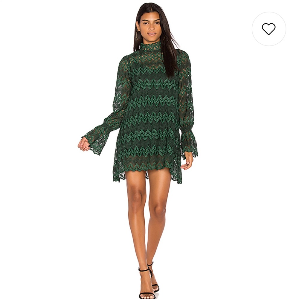 NWT FREE PEOPLE SIMONE MOCK NECK‎ LONG SLEEVE LACE DRESS GREEN, S Boho Retro Mod